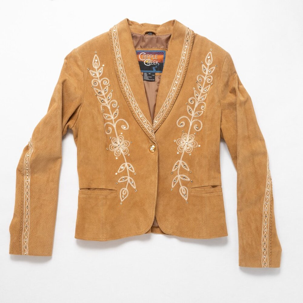 Y2K BROWN SUEDE EMBROIDERED BLAZER Cripple Creek WOMEN'S SMALL/MEDIUM